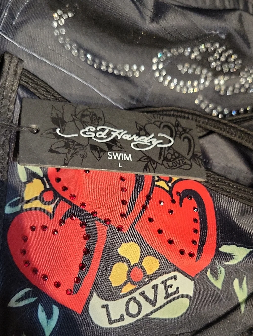 Ed Hardy Black Bikini Set with Red Heart Graphics